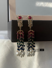 Load image into Gallery viewer, 14k Gold plated ruby Green Pearl Long Temple earrings
