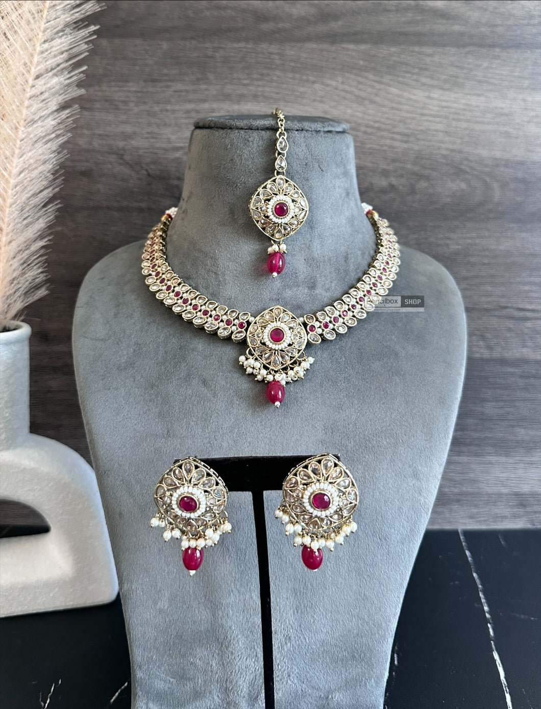 Chahat Ruby Kundan Polki Necklace Set with Maangtikka