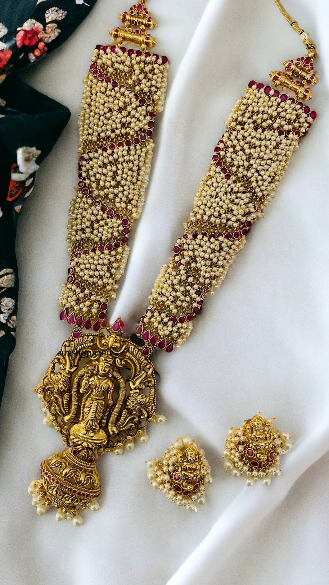 Lakshmi ji  Pearls Ruby Real Kemp Stone Grand Bridal Designer Statement Haram Temple Necklace set Jewelry