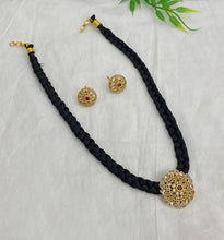 Load image into Gallery viewer, Red White Golden Dainty Black Thread Temple ethnic Necklace set