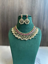 Load image into Gallery viewer, TRENDING ruby Green Cz Peacock Short Guttapusalu Pearl Necklace set
