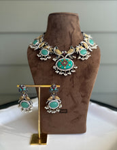 Load image into Gallery viewer, German silver Dual Tone peacock big stone statement necklace set