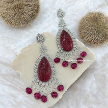 Load image into Gallery viewer, Ruby Carved Stone American Diamond Silver Statement Designer Earrings