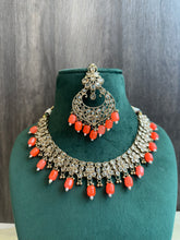 Load image into Gallery viewer, Aarohi Orange Golden Polki Necklace Set with maangtikka