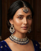 Load image into Gallery viewer, Aarohi Royal Blue Golden Polki Necklace Set with maangtikka