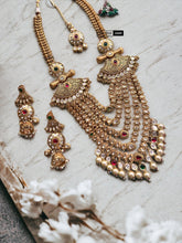 Load image into Gallery viewer, Bridal Designer Multicolor 22k gold plated Maharani Gold Tayani Premium Necklace Haram set with Maangtikka
