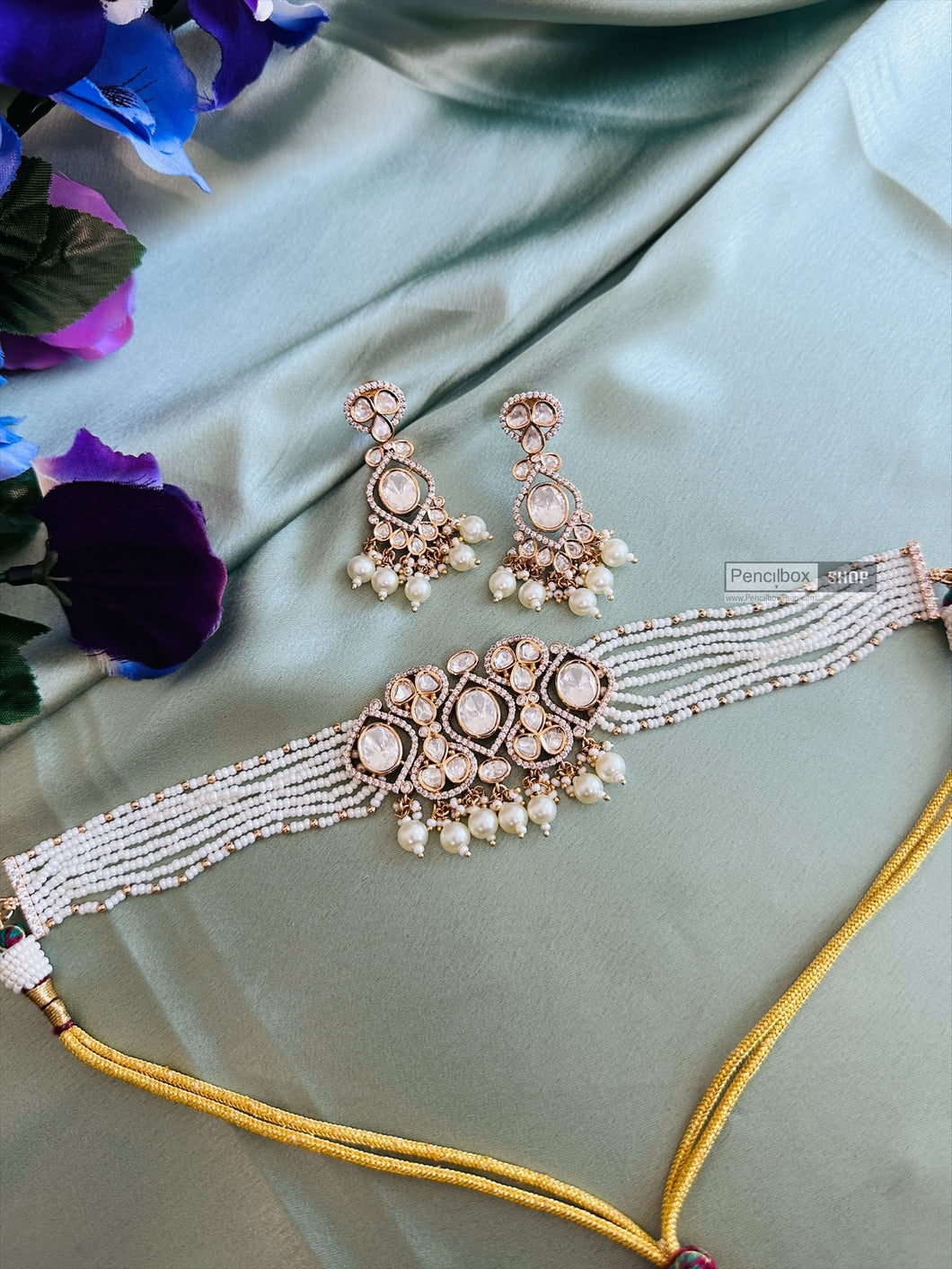 Chitra White 22k gold plated Tayani Pearl Choker Necklace set