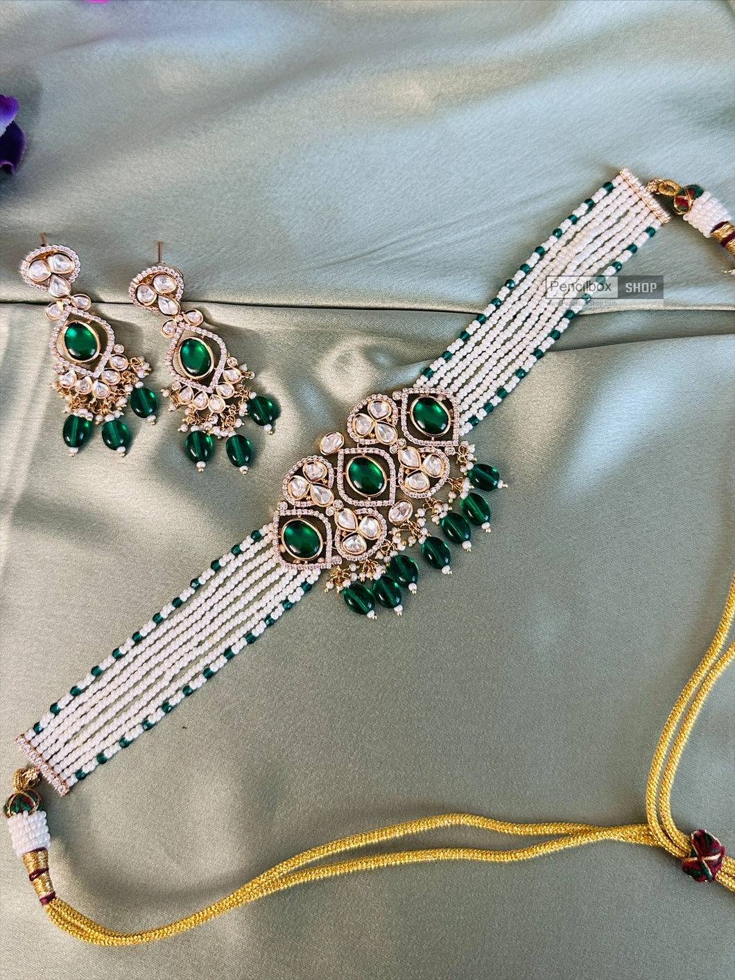 Chitra Green 22k gold plated Tayani Pearl Choker Necklace set