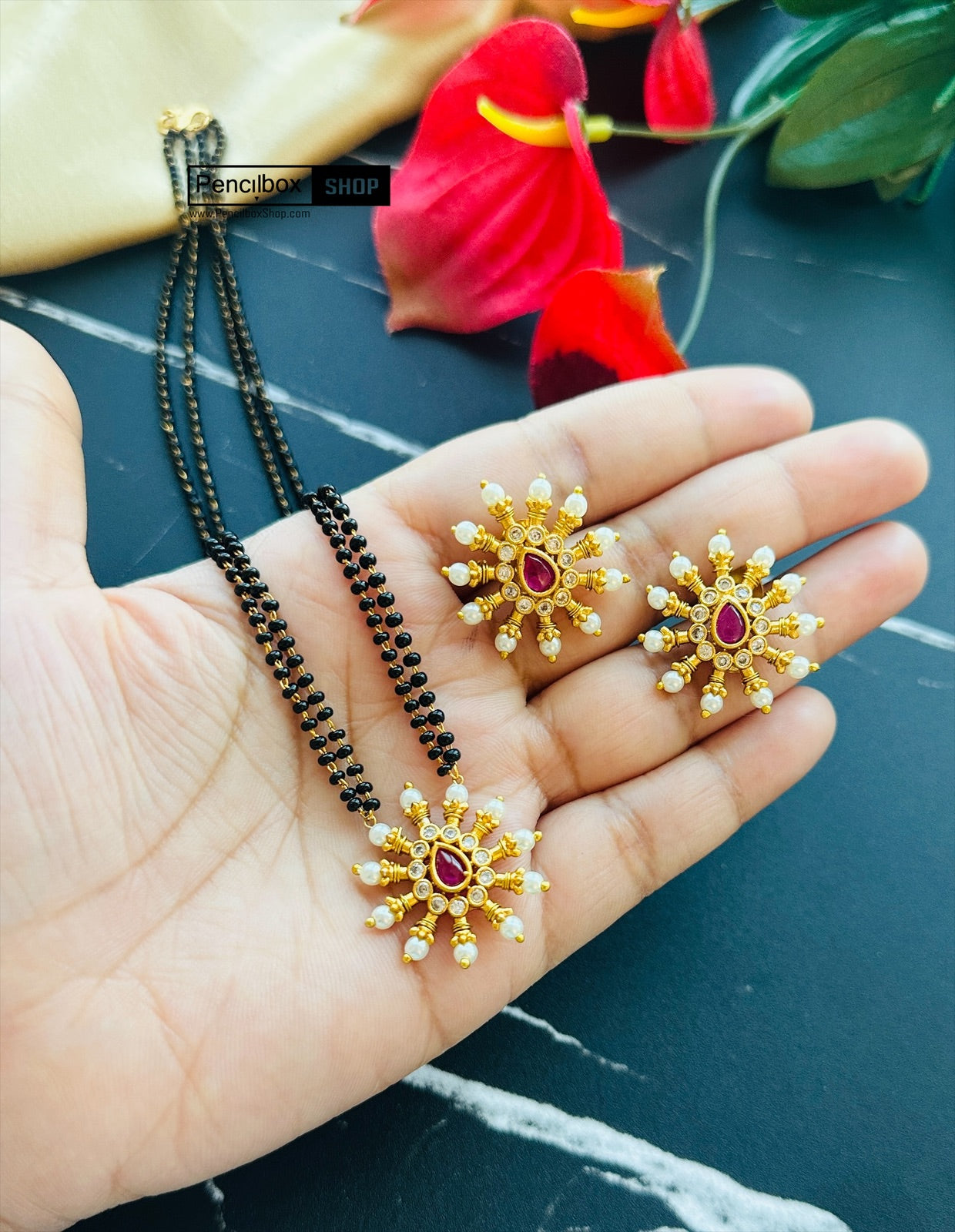 Pearl ruby kemp stone Black beads Mangalsutra Necklace set PencilboxShopUSA