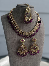 Load image into Gallery viewer, Purple Golden antique Finish Beads necklace set with maangtikka
