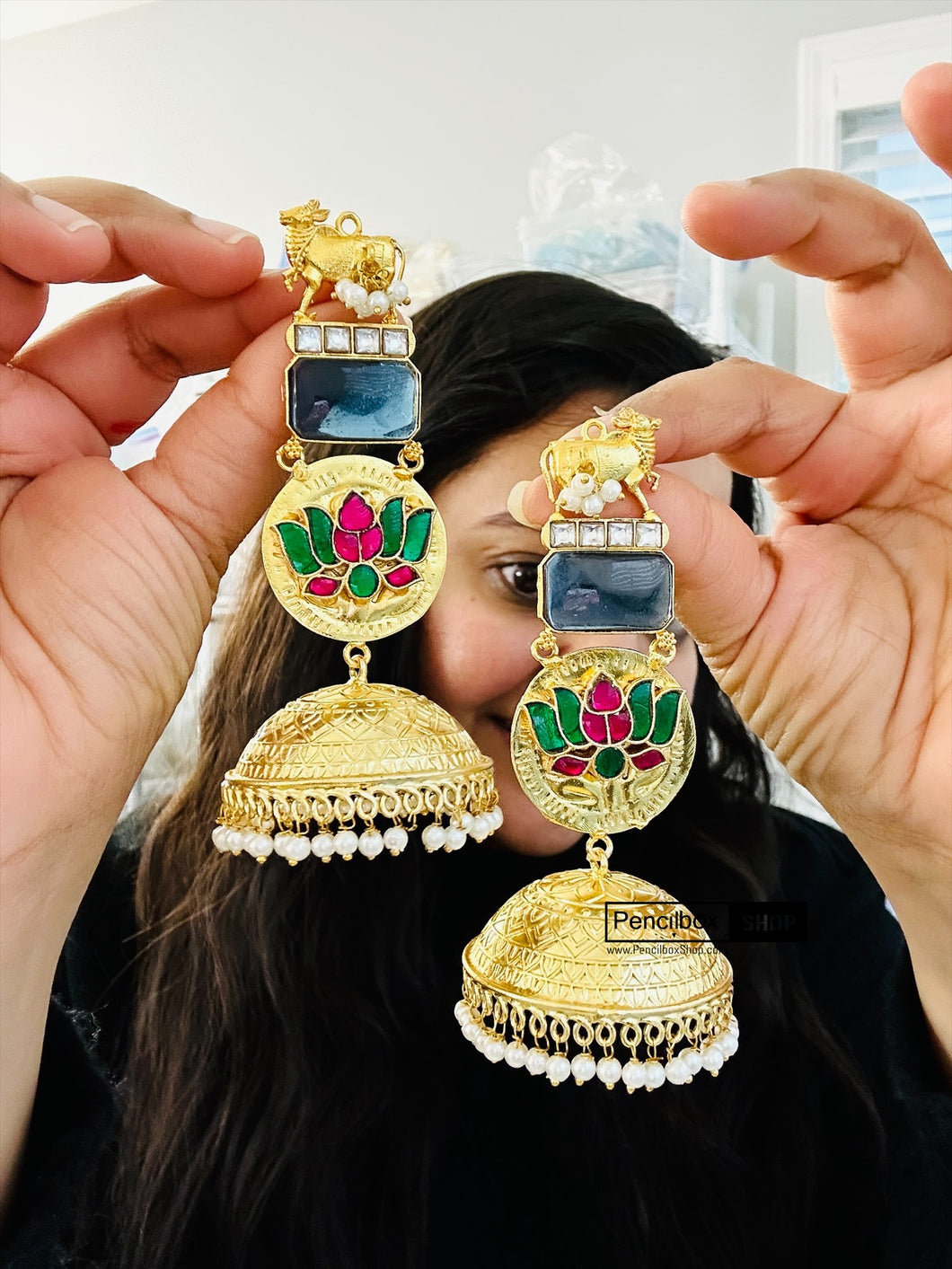 Nandi German silver pachi kundan Jhumka Earrings