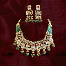 Load image into Gallery viewer, Rajwadi Layered Pearl Ruby Green Necklace Temple Set