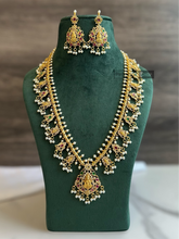 Load image into Gallery viewer, TRENDING Kemp Stone Cz Lakshmi ji Long Guttapusalu Pearl Necklace set