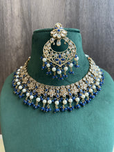 Load image into Gallery viewer, Aarohi Royal Blue Golden Polki Necklace Set with maangtikka