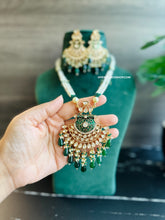 Load image into Gallery viewer, 22k gold plated Green Enamel meena work Pearl Long Tayani Necklace set