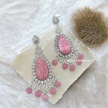 Load image into Gallery viewer, Pink Carved Stone American Diamond Silver Statement Designer Earrings