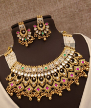 Load image into Gallery viewer, Heritage Rajwadi Statement Meenakari Premium Grand Ruby Green Necklace set