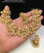 Load image into Gallery viewer, Statement Lotus Kemp Stone heavy Necklace set temple jewelry