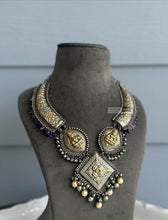 Load image into Gallery viewer, German Silver Purple Lakshmi ji Ghungroo Heavy Necklace set