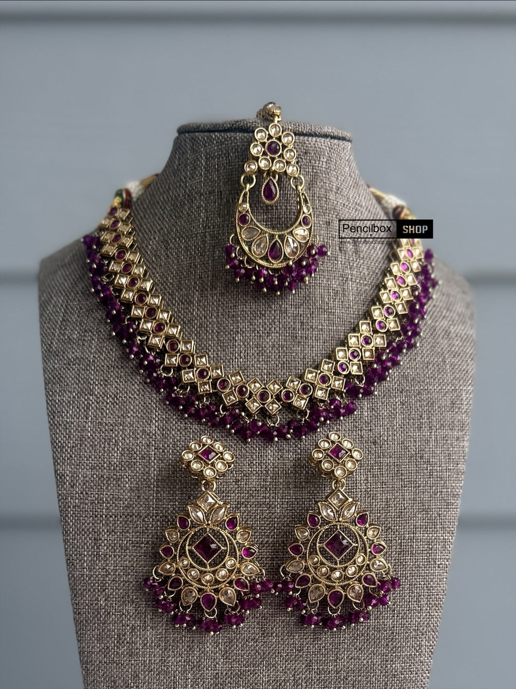 Purple Golden antique Finish Beads necklace set with maangtikka