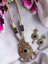 Load image into Gallery viewer, Multicolor Long kundan carved haram Necklace set templejewelry