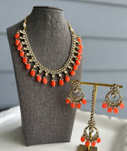 Load image into Gallery viewer, Radhs Orange Golden Kundan Polki Necklace Set with Maangtikka
