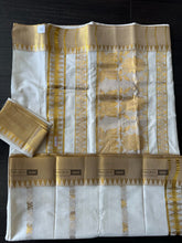 Load image into Gallery viewer, Onam Special Ivory Golden Lotus Cotton Kerala saree