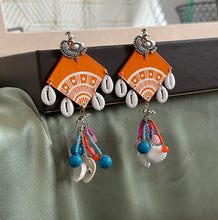 Load image into Gallery viewer, Peacock Long Handmade Shell handpainted wooden Jhumka earrings