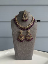 Load image into Gallery viewer, Purple Golden antique Finish Beads necklace set with maangtikka
