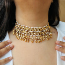 Load image into Gallery viewer, White Premium Pearl Silver foiled Tassel Statement choker Temple Necklace set