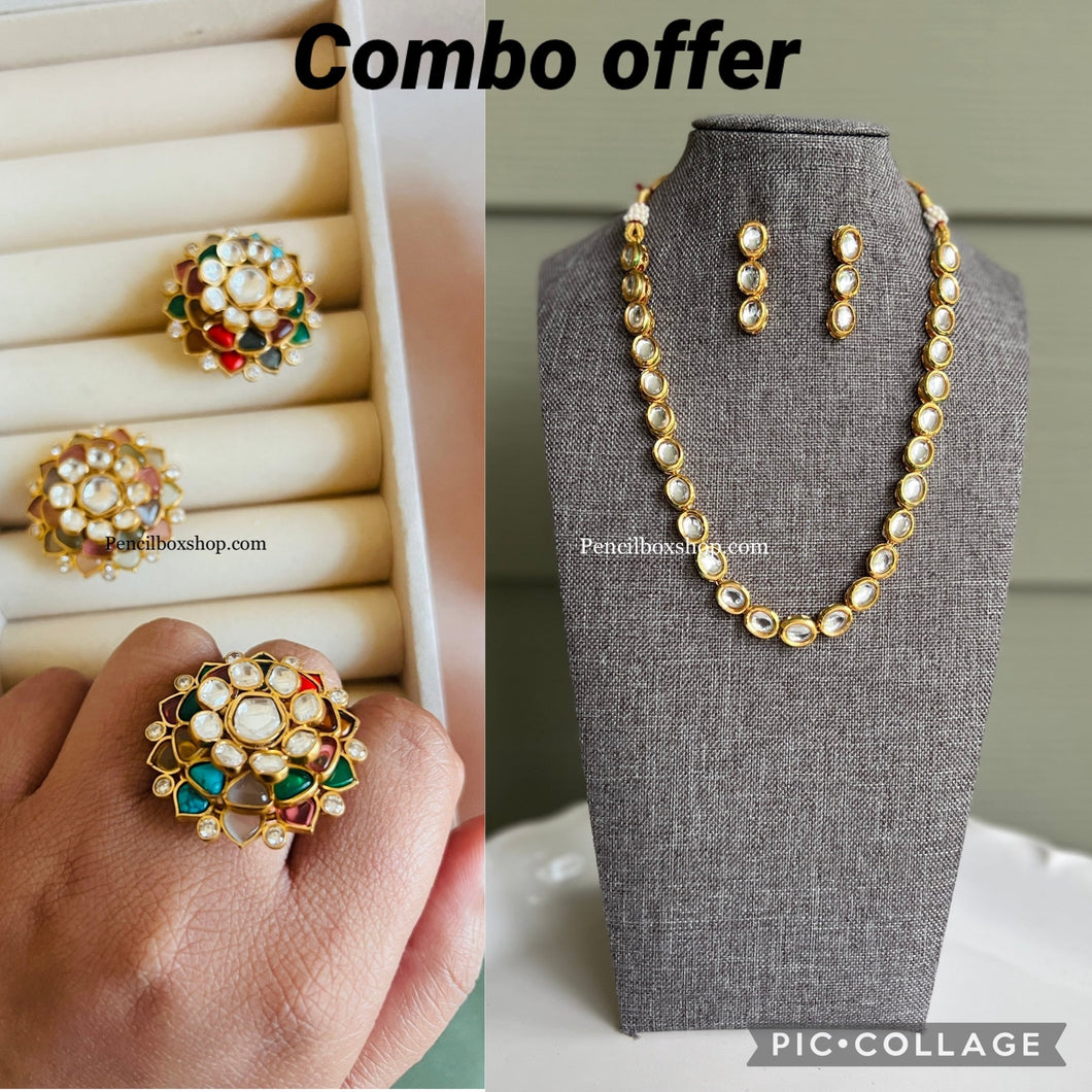 2 pc Combo Offer of Kundan necklace set and Multicolor Ring