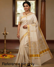 Load image into Gallery viewer, Onam Special Ivory Golden Big motif Cotton Kerala saree