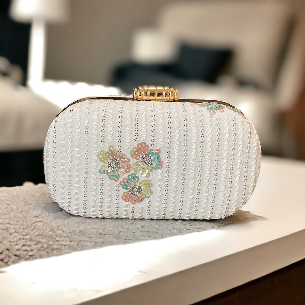 White sequins embroidery Ethnic clutch for women with chain