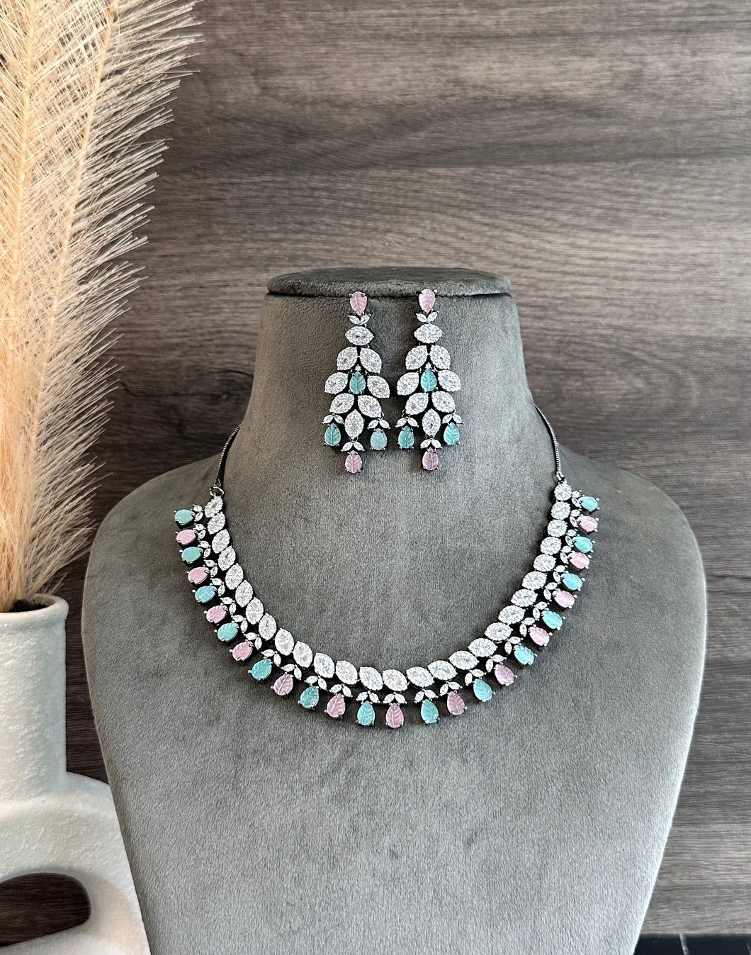 Kavya Mint pink Victorian Simple dainty American diamond necklace set