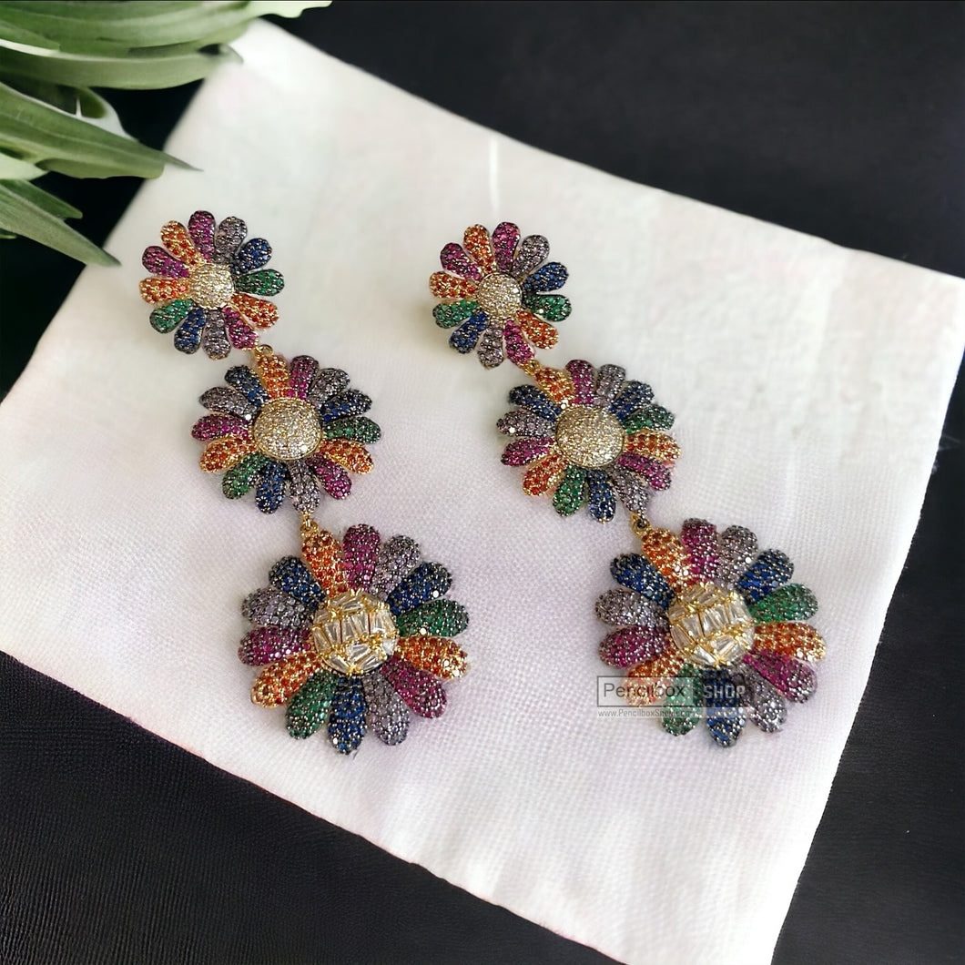 Multicolor invisible American diamond Flower dangling earrings