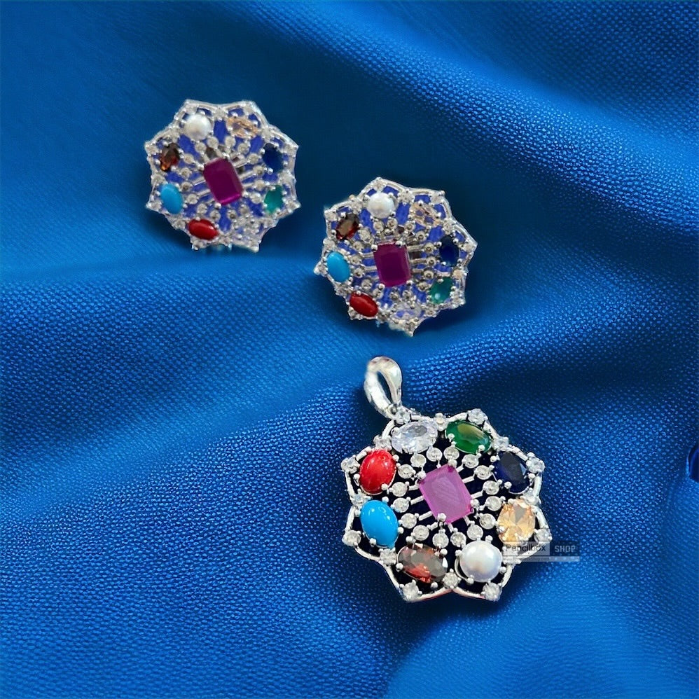 American Diamond multicolor Flower pendant set