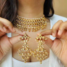 Load image into Gallery viewer, White Premium Pearl Silver foiled Tassel Statement choker Temple Necklace set