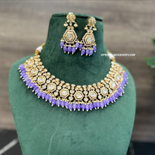 Load image into Gallery viewer, Purple 22k Gold plated Tayani Premium Statement Necklace set with maangtikka