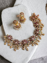 Load image into Gallery viewer, Statement Lotus Kemp Stone heavy Necklace set temple jewelry