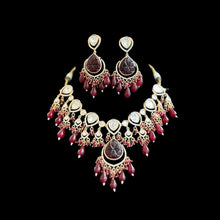 Load image into Gallery viewer, 22k gold plated Ruby Carved Stone Drop Tayani Necklace set