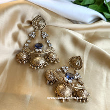 Load image into Gallery viewer, 92.5 Silver Coated Ghungroo Long Pachi Golden finish three jhumka German silver earrings