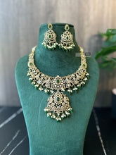 Load image into Gallery viewer, Golden Green Peacock Kundan Polki Temple ethnic Necklace set