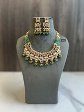 Load image into Gallery viewer, Rajwadi Layered Pearl Ruby Green Necklace Temple Set
