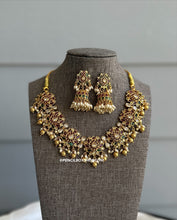 Load image into Gallery viewer, Statement Lotus Kemp Stone heavy Necklace set temple jewelry