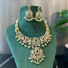 Load image into Gallery viewer, Golden Green Peacock Kundan Polki Temple ethnic Necklace set
