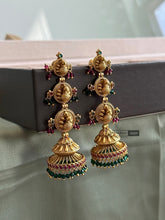 Load image into Gallery viewer, Three layer Peacock Hanging Drop Temple jhumka  earrings
