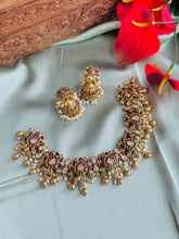 Load image into Gallery viewer, Statement Lotus Kemp Stone heavy Necklace set temple jewelry