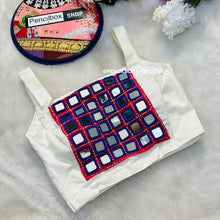 Load image into Gallery viewer, 34 size White Blue pink pinkBig Mirror Navratri Cotton Blouse with margin