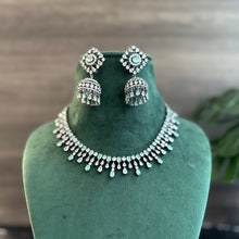 Load image into Gallery viewer, Mint Victorian American Diamond Necklace set with jhumkas and maangtikka