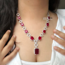 Load image into Gallery viewer, Tara-American Diamond Red Silver Finish Long Designer Necklace set